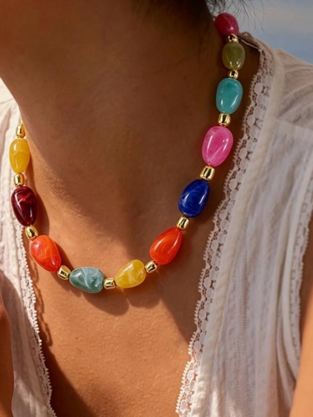 Anthropologie Bold Multicolor Beaded Necklace with Gold Accents - Picture 5 of 7